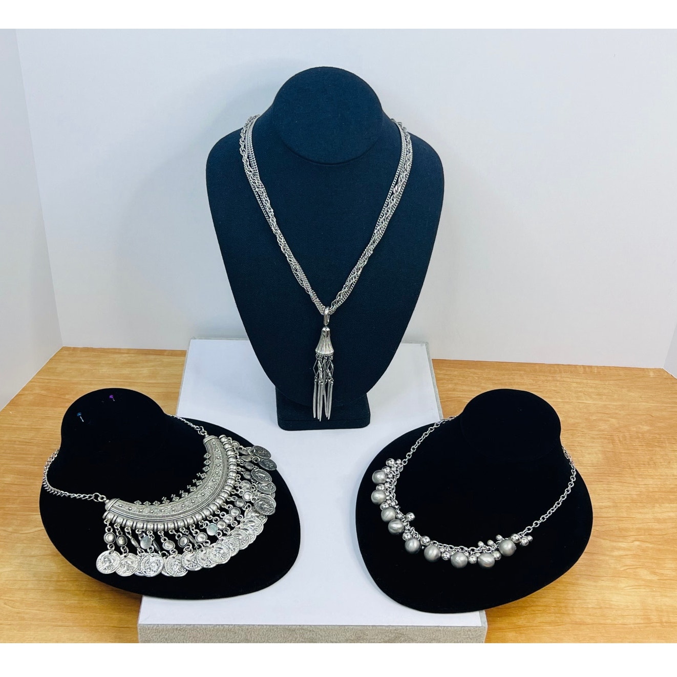 Set Of 3 Necklaces - Silvertone Chain With Pendant Dangles